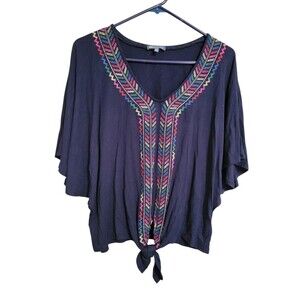 Democracy Navy Blue Embroidery Crop Top Oversized Beachy Boho Women's Size S B20